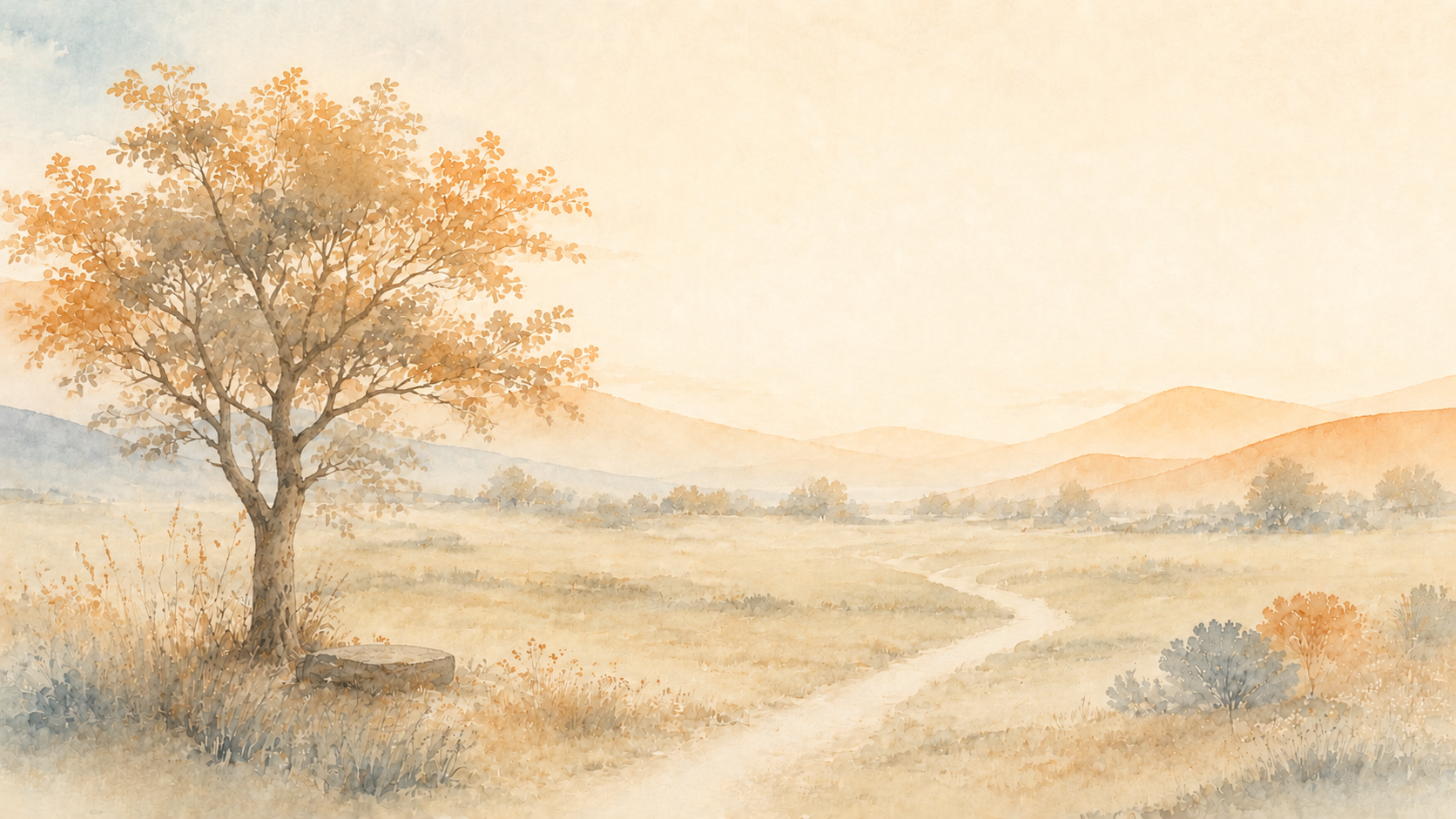Aquarelllandschaft mit lichtem Baum, Ruheplatz und einem feinen Pfad in die Ferne.